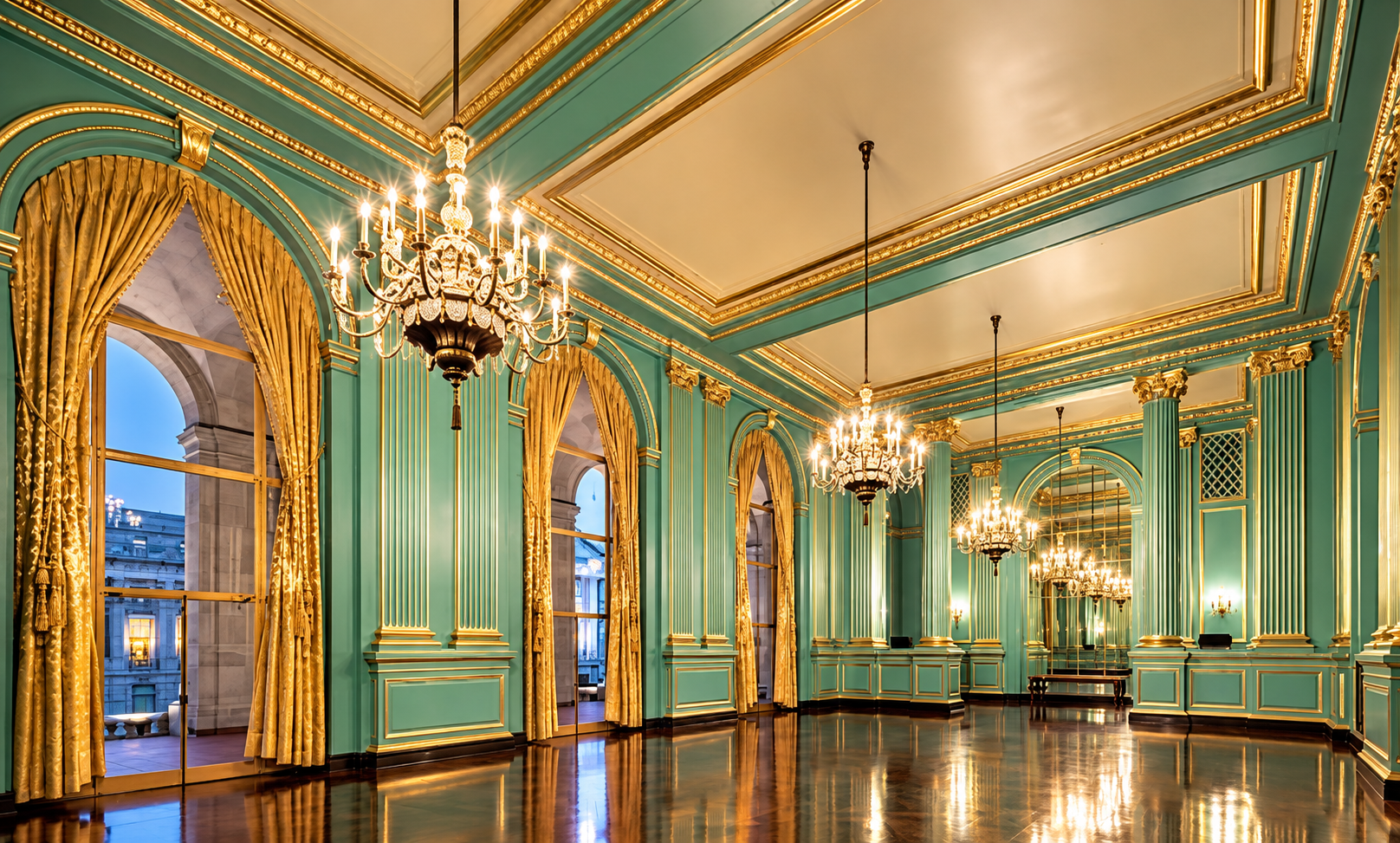 An ornate turquoise and gold room with chandeliers