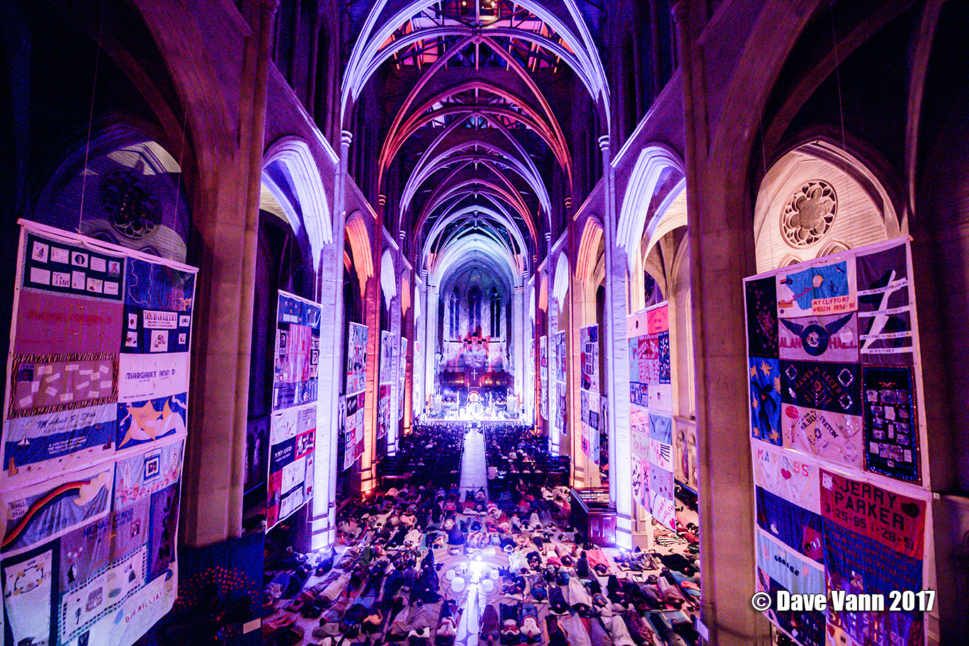 Sound healing event inside Grace Cathedral with purple light