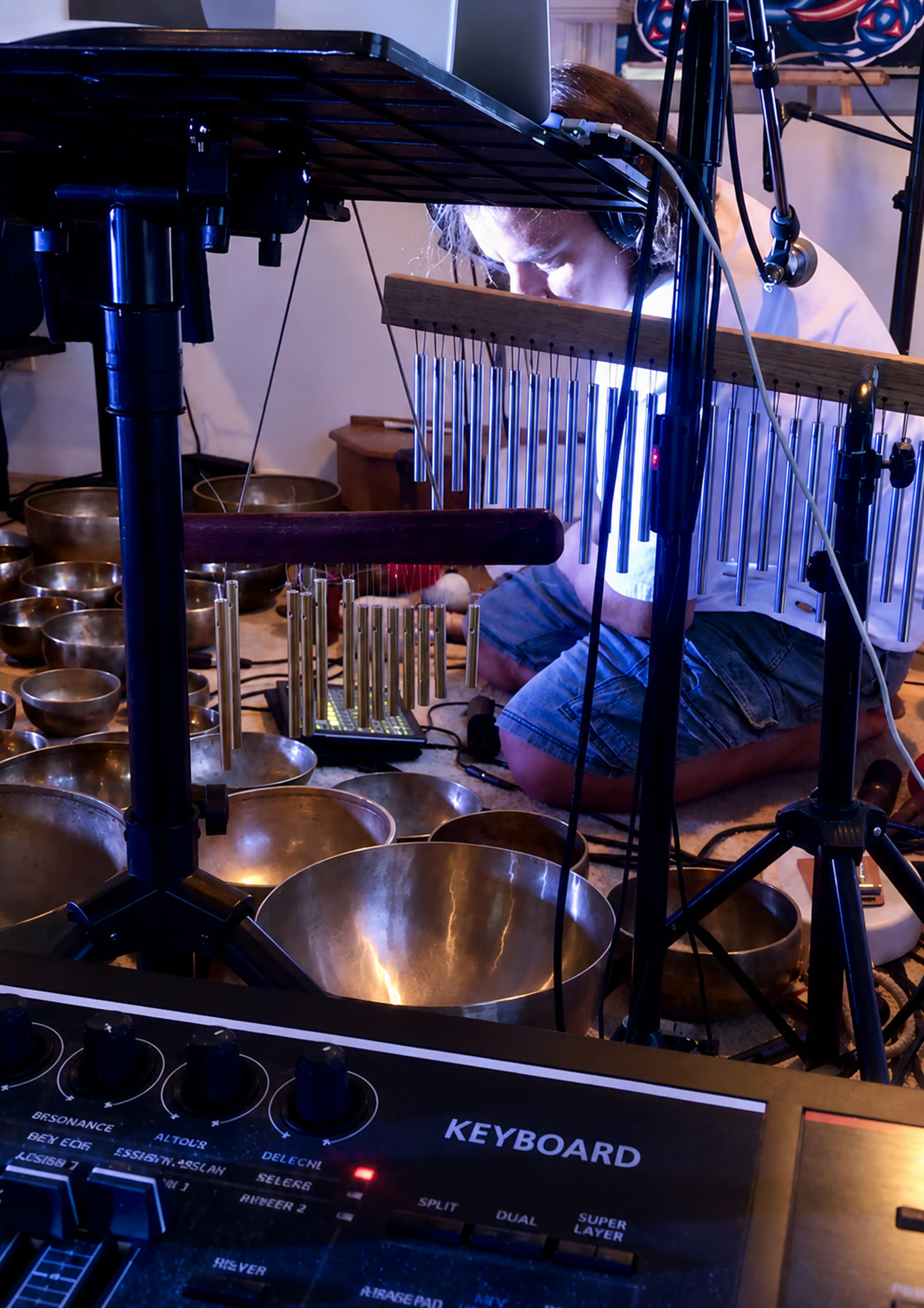 A live mixing setup surrounded by singing bowls and chimes
