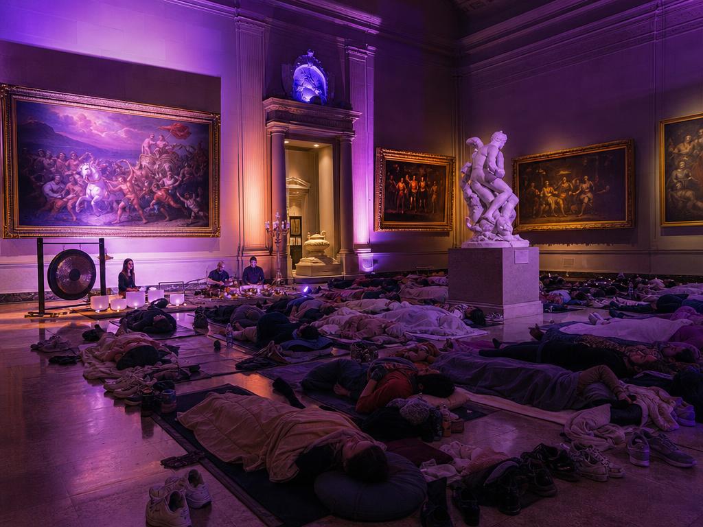 Guests resting on mats among paintings and sculpture during a sound bath inside an art museum