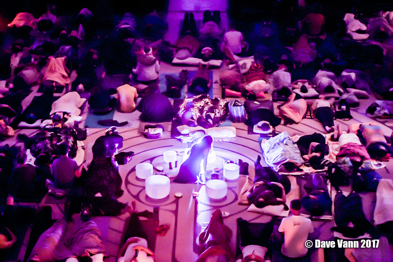 High-angle view of a sound healing event